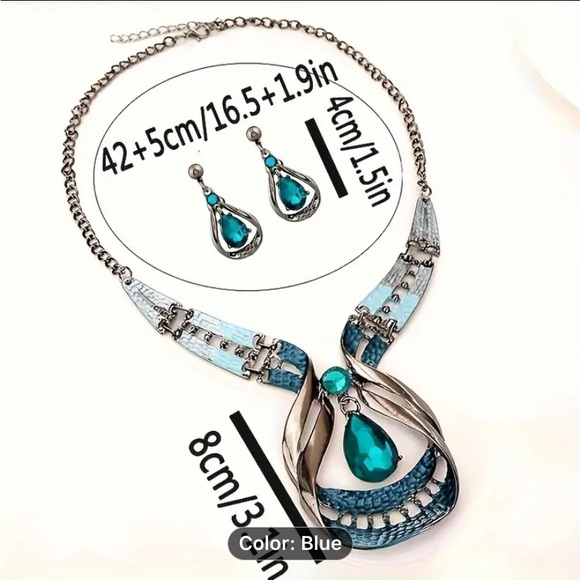 Water Drop Shape Shiny Faux Gemstone Elegant Pendant Necklace & Stud Earrings - Picture 4 of 4